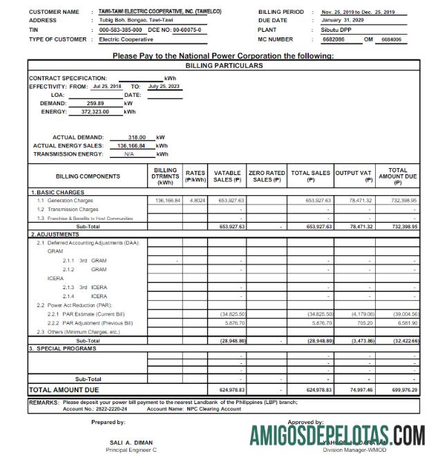 Em branco FILIPINAS TAWELCO Conta de serviços públicos Word e modelo PDF
